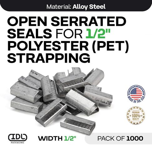 IDL Packaging Open Serrated Seals of 1.25" Length for 5/8" Strap Width Polyester (PET) Strapping (Pack of 100) - Increased Load Securement Due to Serrated Design of Strapping Clips in Kuwait