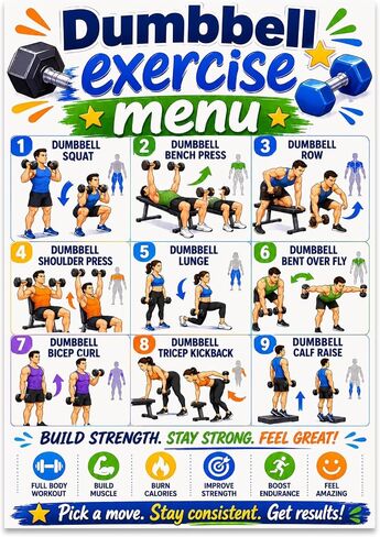 Fitness Enthusiast Poster Print - Colorful Dumbbell Exercise Menu - 13x19 - Motivational Home Gym Decor in Kuwait