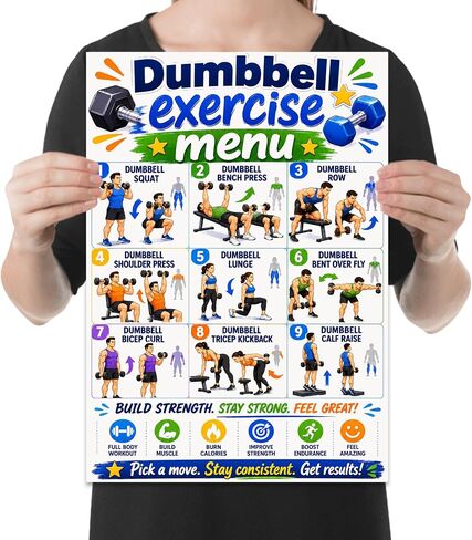 Fitness Enthusiast Poster Print - Colorful Dumbbell Exercise Menu - 13x19 - Motivational Home Gym Decor in Kuwait