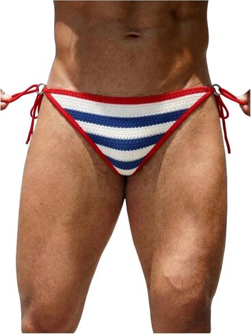 WDIRARA Men's Striped Swim Briefs Crochet Tie Side Low Rise Bikini Swimwear Bottom in Kuwait