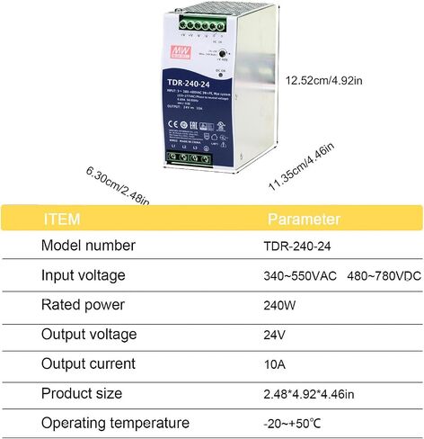 TDR-240-24 240 وات 24 فولت 10 أمبير مصدر طاقة السكك الحديدية DIN ثلاثي الطور - تيار متناسق منخفض، موثوقية عالية، معتمد من UL61010 - لأنظمة التحكم الصناعية المطلوبة in Kuwait