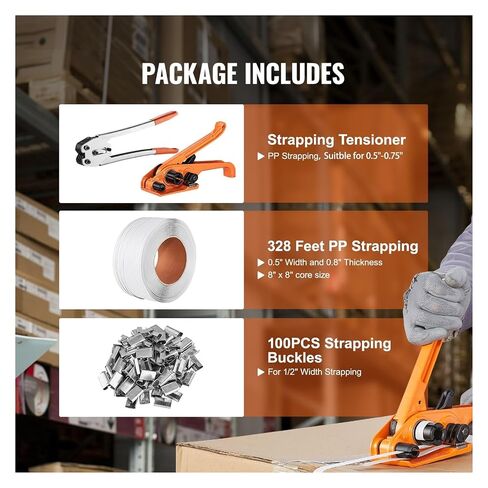 Strapping Machine, Pallet Packaging Strapping Banding Kit with Tenser Sealer 328ft PP Band 100 Metal Seals for Packing Belt Banding Tool in Kuwait