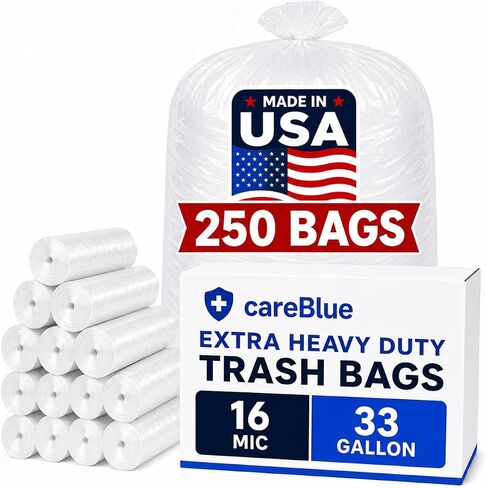33 Gallon Clear Trash Bags, 33" x 40", 16 Micron Extra Heavy Duty HDPE Liners, X-Seal Bottom, Coreless Roll, Commercial & Healthcare Garbage Bags, Case of 250 in Kuwait