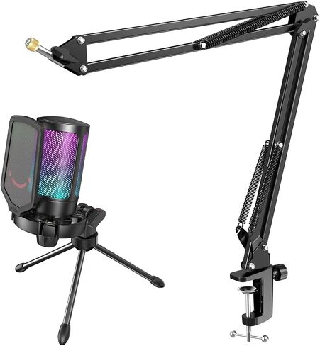 FIFINE Gaming USB Microphone Bundle with Mic Boom Arm, Condenser Mic with Quick Mute, RGB Light for Streaming, Suspension Scissor Arm Stand Kit for Recording Voice-Over Studio (A6V+CS1) in Kuwait