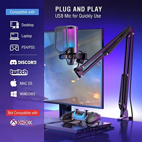 FIFINE Gaming USB Microphone Bundle with Mic Boom Arm, Condenser Mic with Quick Mute, RGB Light for Streaming, Suspension Scissor Arm Stand Kit for Recording Voice-Over Studio (A6V+CS1) in Kuwait