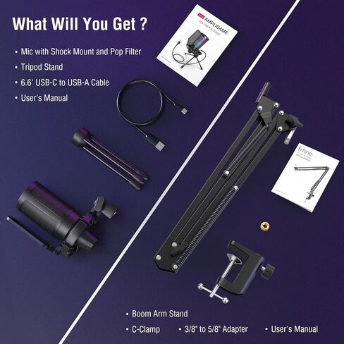 FIFINE Gaming USB Microphone Bundle with Mic Boom Arm, Condenser Mic with Quick Mute, RGB Light for Streaming, Suspension Scissor Arm Stand Kit for Recording Voice-Over Studio (A6V+CS1) in Kuwait