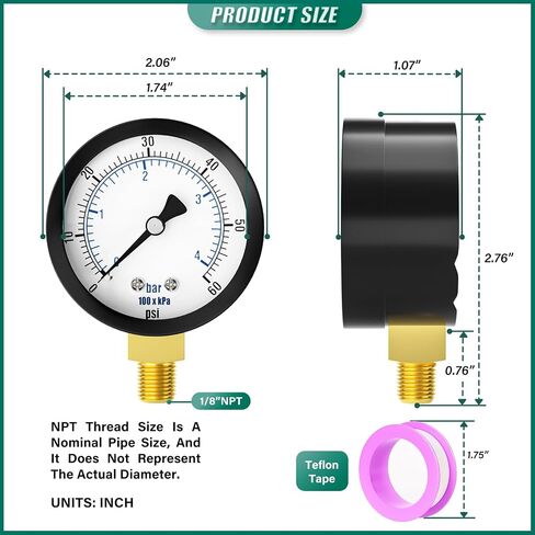 0-60PSI Well Pump Pressure Gauge 2" Dial Size, 1/8" NPT Lower Mount, 3-2-3% Accuracy, for Tube, Water Pump, Gas, Liquid, Pressure Test in Kuwait