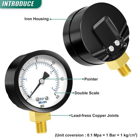 0-60PSI Well Pump Pressure Gauge 2" Dial Size, 1/8" NPT Lower Mount, 3-2-3% Accuracy, for Tube, Water Pump, Gas, Liquid, Pressure Test in Kuwait