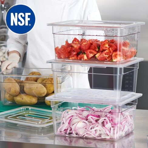 كورتا 4 عبوات مقاس 1/2 مقاس 6 بوصات وعاء طعام من البولي كربونات NSF العميق مع غطاء مسنن وصينية تصريف | حاوية شفافة آمنة للاستخدام في غسالة الأطباق والفريزر لطاولات الإعداد والبوفيه وبار السلطة والمطبخ التجاري in Kuwait