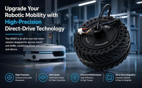 M0601 Direct-Drive Hub Motor for AGV (Right Orientation) | Integrated FOC Servo & 4096-Line Encoder | 102mm BLDC Wheel Motor with RS485 | Low Noise <50dB for Service Robots & ROS AMR in Kuwait