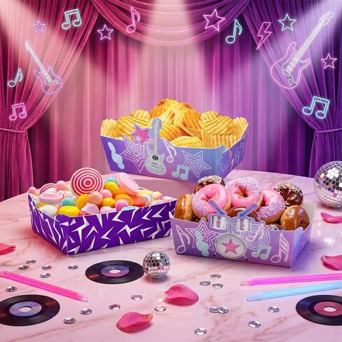 24 قطعة من صواني طعام حفلات K-Pop Rockstar - صناديق الوجبات الخفيفة ذات الملاحظات الموسيقية النيون، قوارب الطعام الورقية للاستعمال مرة واحدة لحفلات أعياد ميلاد K-Pop، والحفلات الموسيقية، ومستلزمات الحفلات التي تحمل عنوان نجمة البوب in Kuwait
