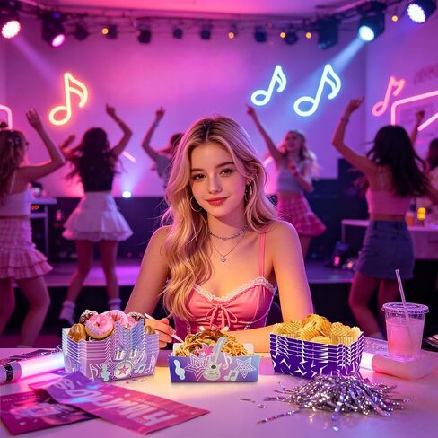 24 قطعة من صواني طعام حفلات K-Pop Rockstar - صناديق الوجبات الخفيفة ذات الملاحظات الموسيقية النيون، قوارب الطعام الورقية للاستعمال مرة واحدة لحفلات أعياد ميلاد K-Pop، والحفلات الموسيقية، ومستلزمات الحفلات التي تحمل عنوان نجمة البوب in Kuwait