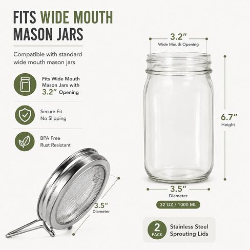 2 Pcs All-in-One Wide Mouth Mason Jar Lids for Broccoli Seeds, Alfalfa, Mung Beans & microgreens, Sprouting Lid with Built-in Stand, Stainless Steel Sprouting Jar Kit Accessory in Kuwait
