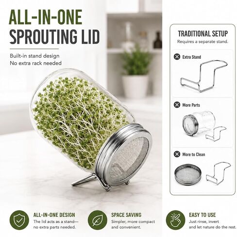 2 Pcs All-in-One Wide Mouth Mason Jar Lids for Broccoli Seeds, Alfalfa, Mung Beans & microgreens, Sprouting Lid with Built-in Stand, Stainless Steel Sprouting Jar Kit Accessory in Kuwait
