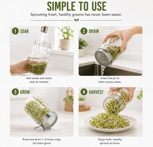 2 Pcs All-in-One Wide Mouth Mason Jar Lids for Broccoli Seeds, Alfalfa, Mung Beans & microgreens, Sprouting Lid with Built-in Stand, Stainless Steel Sprouting Jar Kit Accessory in Kuwait