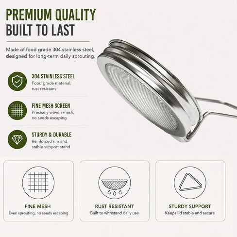 2 Pcs All-in-One Wide Mouth Mason Jar Lids for Broccoli Seeds, Alfalfa, Mung Beans & microgreens, Sprouting Lid with Built-in Stand, Stainless Steel Sprouting Jar Kit Accessory in Kuwait