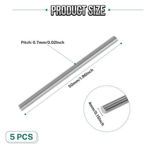 5Pcs Fully Threaded Rod & Studs, M4 x 50mm Long Threaded Screw, 0.7mm Thread Pitch, 304 Stainless Steel Right Hand Thread Bar Studs for Furniture Machinery Assembly in Saudi Arabia