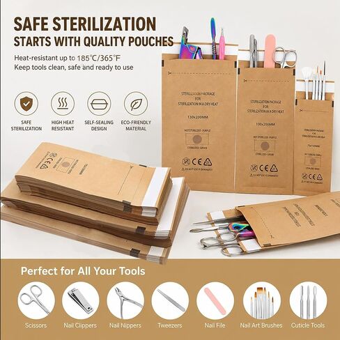 200PCS 3.9"x7.9"Dry Heat Sterilization Pouches Disposable Self-Sealing Cleaning Pouches,Dry Heat Autoclave Kraft Paper Cleaning Bags for Dentist Tools and Nail Art Supplies (3.9"x7.9") in Kuwait