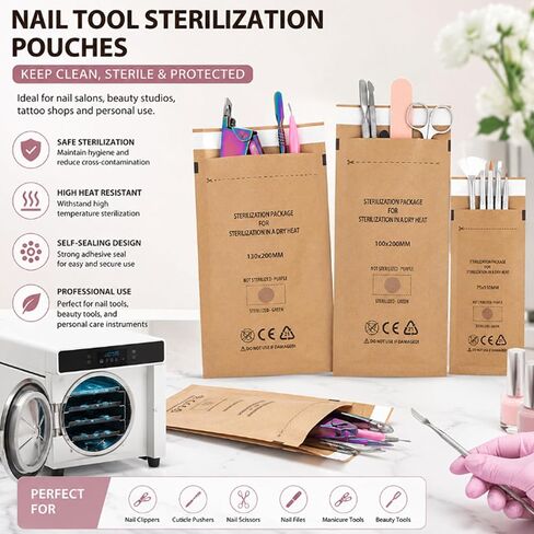 200PCS 3.9"x7.9"Dry Heat Sterilization Pouches Disposable Self-Sealing Cleaning Pouches,Dry Heat Autoclave Kraft Paper Cleaning Bags for Dentist Tools and Nail Art Supplies (3.9"x7.9") in Kuwait
