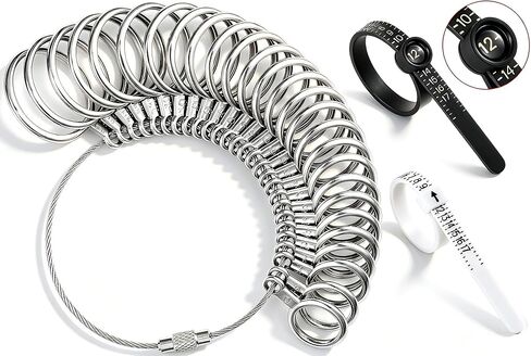 Ring Sizer Measuring Tool Kit, 27 PCS Stainless Steel Measuring Ring Tool, US Ring Size 0-13 with Half Size, 2 PCS Reusable Finger Size Tape with Magnified Glass 1-17 USA Rings Size in Saudi Arabia
