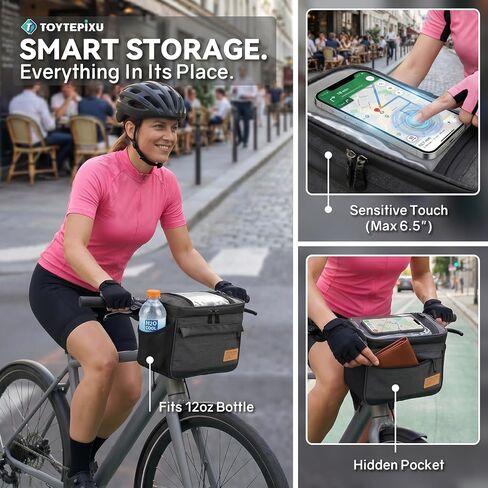 4.5L Bike Handlebar Bag Cooler with Phone Holder | Visor-Free 6.5" Touchscreen Phone Holder, 4-Point Anti-Shake Front Pouch, For E-bikes, MTB & Scooters, Water-Resistant 900D in Kuwait