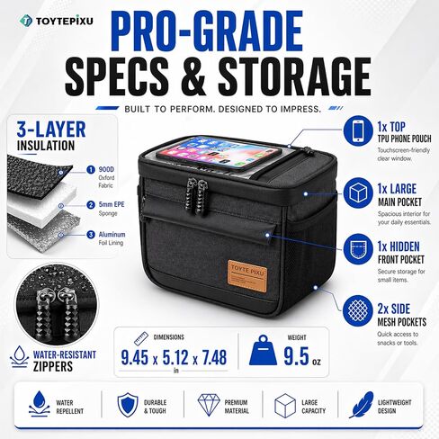 4.5L Bike Handlebar Bag Cooler with Phone Holder | Visor-Free 6.5" Touchscreen Phone Holder, 4-Point Anti-Shake Front Pouch, For E-bikes, MTB & Scooters, Water-Resistant 900D in Kuwait