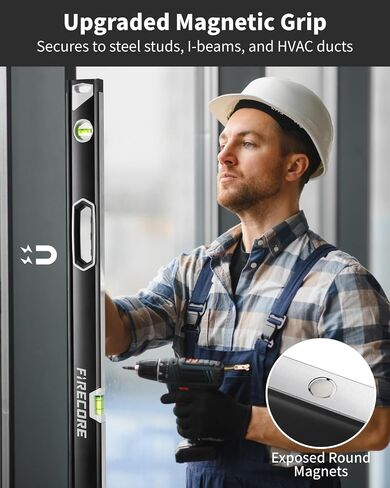 مجموعة مستويات الروح المقاومة للصدمات المكونة من 4 قطع من Firecore مع تثبيت مغناطيسي معزز | أداة تسوية صندوق ألومنيوم 48 بوصة 24 بوصة 12 بوصة 10 بوصة مع قارورة فقاعات مقاومة للصدمات 45/90/180، مستويات بناء لتعليق الصور in Kuwait