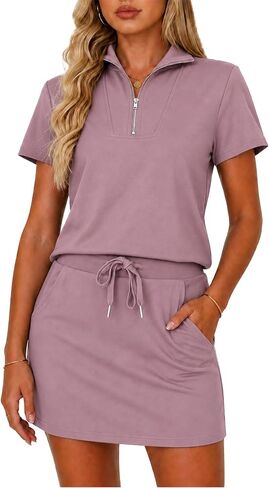 Two Piece Skirt Set for Women Summer Outfits Half Zip Short Sleeve Top & Skorts Matching Sets for Tennis & Vacations in Kuwait