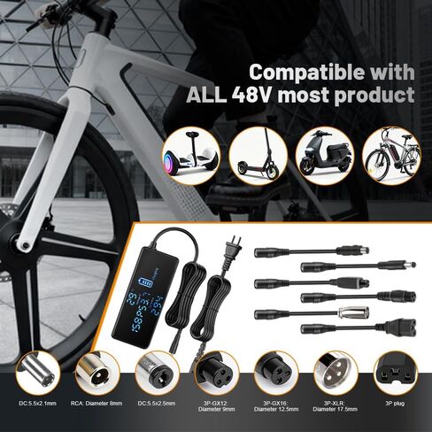 54.6V 3A E-Scooter Charger with 7 Plugs & Smart LCD Touch-Screen, UL Certified Fast Charger for 48V Li-ion Battery, Replacement for Home/Travel/Outdoor/Garage Use – for Scooters, E-Bikes & E-Boards in Kuwait