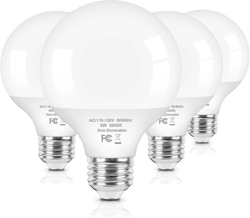 Brightever G25 LED Globe لمبات الإضاءة المكافئة 60W، 5000K ضوء النهار الأبيض LED مصابيح الغرور مع قاعدة E26 القياسية للحمام، لمبة إضاءة مستديرة 5W لمرآة الغرور، 600LM، 4 عبوات، غير قابلة للتعتيم in Kuwait