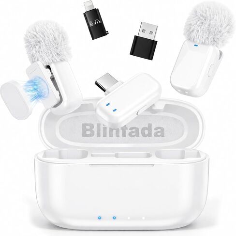 ميكروفونان صغيران لاسلكيان من نوع Lavalier لهواتف iPhone 16/17 وAndroid، وإلغاء الضوضاء بالذكاء الاصطناعي، والتحكم في التطبيقات، وبطارية 30 ساعة مع علبة شحن، وميكروفون لاسلكي لتسجيل الفيديو باللون الأبيض اللامع in Kuwait