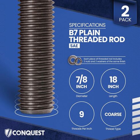 قضيب ملولب غير مكتمل من الدرجة B7 من Conquest مقاس 7/8 بوصة - 9 × 18 بوصة (عبوة من قطعتين) - قضبان ملولبة خشنة بالكامل - متوافقة مع ASTM A193 Grade B7 in Kuwait