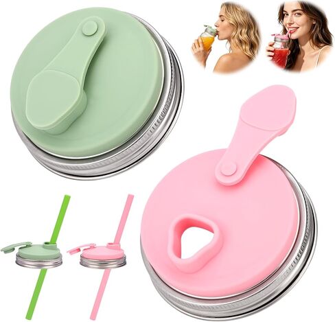 2pcs Mason Jar Drinking Lids, Stainless Steel Wide Mouth Mason Jar Cap Top Silicone Lid Cover with 2 Silicone Straw Heat-Resistant Accessories Supplies for Drinks Juice Coffee(Pink, Green) in Kuwait