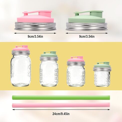 2pcs Mason Jar Drinking Lids, Stainless Steel Wide Mouth Mason Jar Cap Top Silicone Lid Cover with 2 Silicone Straw Heat-Resistant Accessories Supplies for Drinks Juice Coffee(Pink, Green) in Kuwait