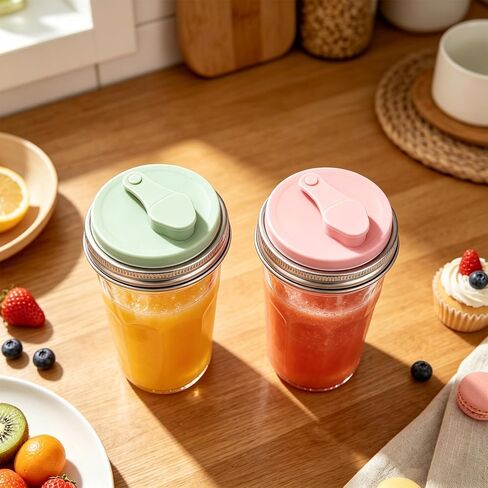 2pcs Mason Jar Drinking Lids, Stainless Steel Wide Mouth Mason Jar Cap Top Silicone Lid Cover with 2 Silicone Straw Heat-Resistant Accessories Supplies for Drinks Juice Coffee(Pink, Green) in Kuwait