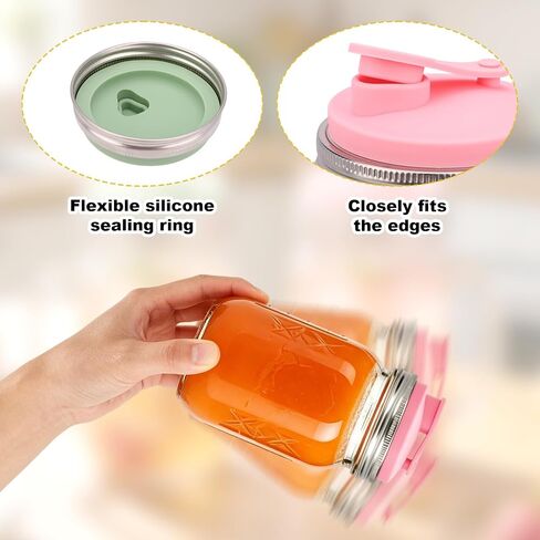 2pcs Mason Jar Drinking Lids, Stainless Steel Wide Mouth Mason Jar Cap Top Silicone Lid Cover with 2 Silicone Straw Heat-Resistant Accessories Supplies for Drinks Juice Coffee(Pink, Green) in Kuwait