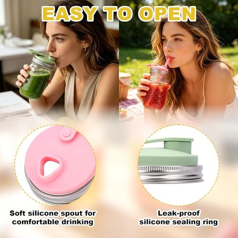 2pcs Mason Jar Drinking Lids, Stainless Steel Wide Mouth Mason Jar Cap Top Silicone Lid Cover with 2 Silicone Straw Heat-Resistant Accessories Supplies for Drinks Juice Coffee(Pink, Green) in Kuwait