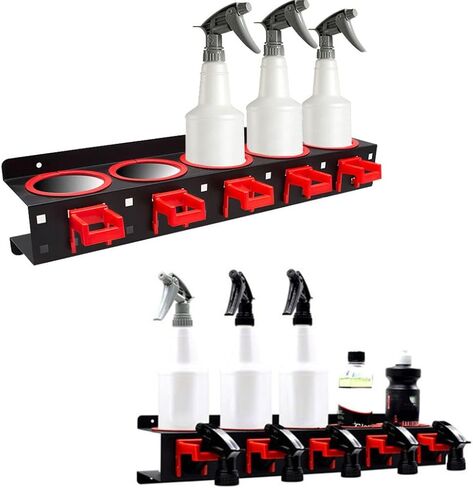 PONDON Spray Bottle Storage Rack, Wall Mounted Aerosol Bottle Organizer with 5 Hooks, 5 Holes for 10 Spray Bottles, Steel and Plastic, for Garage and Car Beauty Shop in Kuwait