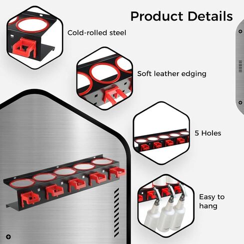PONDON Spray Bottle Storage Rack, Wall Mounted Aerosol Bottle Organizer with 5 Hooks, 5 Holes for 10 Spray Bottles, Steel and Plastic, for Garage and Car Beauty Shop in Kuwait