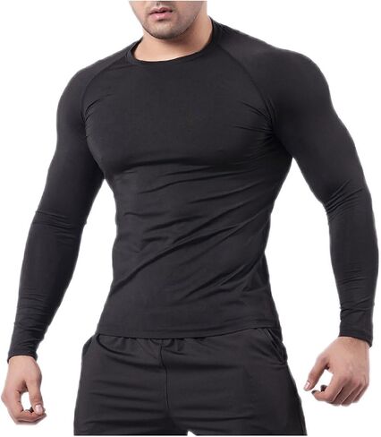 Mens Fall Crewneck Shirt Long Sleeve Anti-Wrinkle Casual Muscle T Shirts Workout Slim Fitted Solid Basic Tops Tees in Kuwait