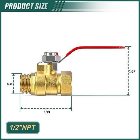 4PCS Heavy Duty Brass Mini Ball Valve, Shut Off Switch, 1/2" NPT Male x Female Pipe Fitting, for Fuel/Airl/Water/Gas/Oil in Kuwait