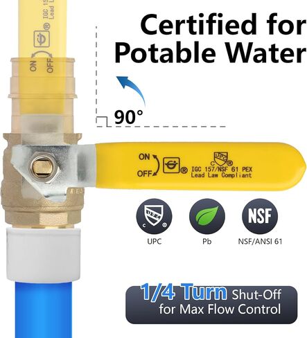 WiseWater 1 "PEX A Ball Valve 2 Pack مع 4 حلقات توسيع | مقبض أصفر، صمام كروي نحاسي كامل المنفذ لمياه الشرب، ASTM F1960 in Kuwait