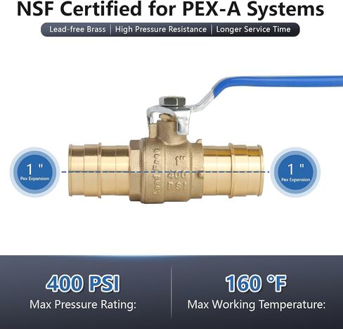 WiseWater 1 "PEX A Ball Valve 2 Pack مع 4 حلقات توسيع | مقبض أصفر، صمام كروي نحاسي كامل المنفذ لمياه الشرب، ASTM F1960 in Kuwait