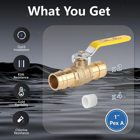 WiseWater 1 "PEX A Ball Valve 2 Pack مع 4 حلقات توسيع | مقبض أصفر، صمام كروي نحاسي كامل المنفذ لمياه الشرب، ASTM F1960 in Kuwait