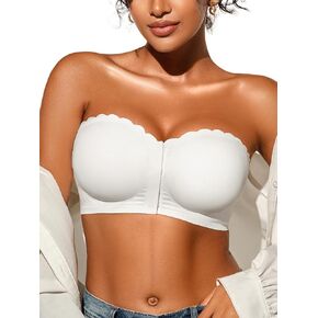 Strapless Bras for Women, L, Front Closure Anti-Slip Comfortable Bandeau Top, Wavy Edge Padded Bra White in Kuwait