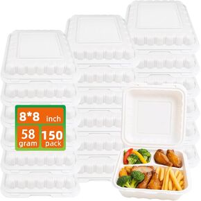 150 Pack Clamshell Take Out Food Containers, 7"x7"Disposable To Go Containers Microwave and Freezer Safe - Reusable & Disposable Heavy Duty Clamshell Takeout |To Go 3 Compartment Lunch Box in Saudi Arabia