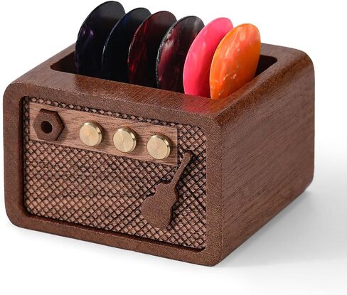 Amp Styled Guitar Pick Holder, Natural Solid Sapele Wood Guitar Pick Case, Vintage Picks Storage and Display Organizer, Guitar Accessories Gift for Guitarists & Music Lovers in Kuwait