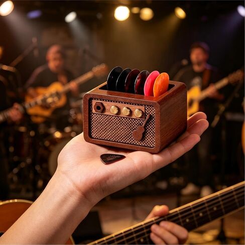 Amp Styled Guitar Pick Holder, Natural Solid Sapele Wood Guitar Pick Case, Vintage Picks Storage and Display Organizer, Guitar Accessories Gift for Guitarists & Music Lovers in Kuwait