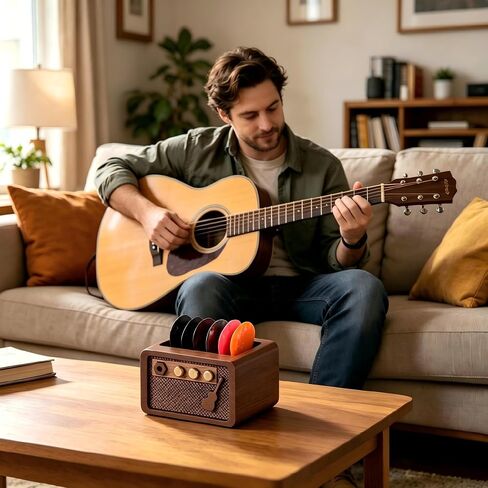 Amp Styled Guitar Pick Holder, Natural Solid Sapele Wood Guitar Pick Case, Vintage Picks Storage and Display Organizer, Guitar Accessories Gift for Guitarists & Music Lovers in Kuwait
