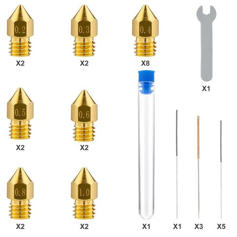 31pcs 3D Printer Nozzles, MK8 Nozzle Kit 0.2mm 0.3mm 0.4mm 0.5mm 0.6mm 0.8mm 1.0mm 3D Printer Brass Hotend Nozzles with Wrench Cleaning Tool Kit for Ender 3 Pro/V2 Extruder Printer Accessories Kit in Kuwait